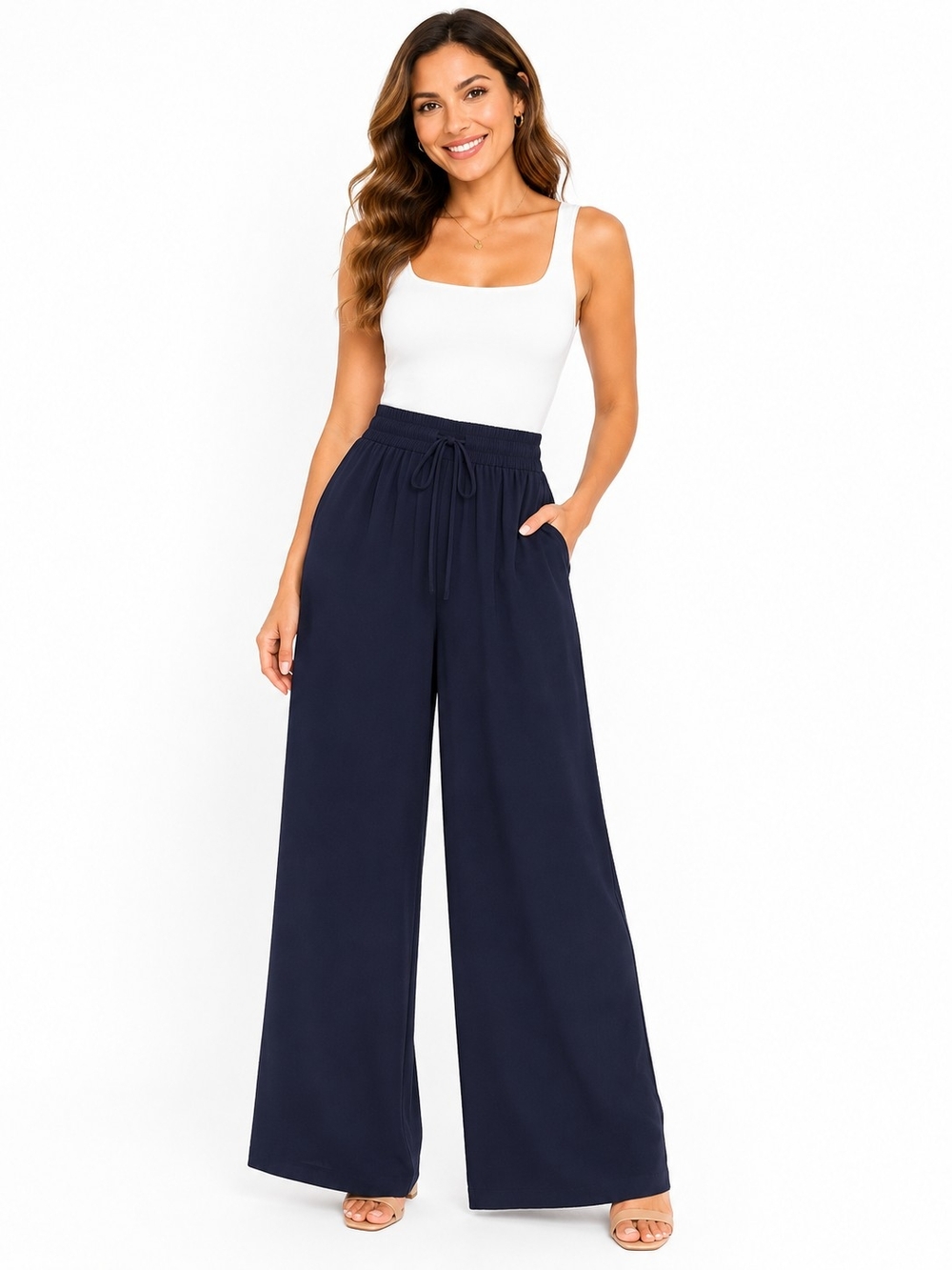 Halara Wide Leg Pull On Stretch Waist Pants Navy Small Medium